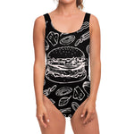 Black And White Hamburger Print One Piece Swimsuit