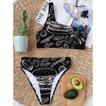 Black And White Hamburger Print One Shoulder Bikini Top