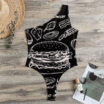 Black And White Hamburger Print One Shoulder Bodysuit