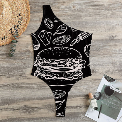 Black And White Hamburger Print One Shoulder Bodysuit