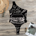 Black And White Hamburger Print One Shoulder Bodysuit