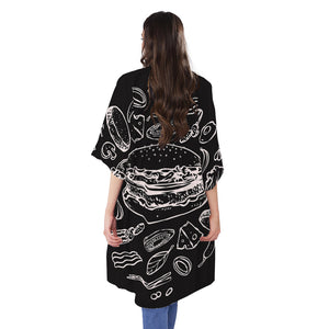 Black And White Hamburger Print Open Front Beach Cover Up