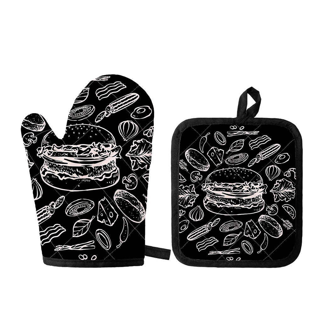 Black And White Hamburger Print Oven Mitt And Pot Holder Set