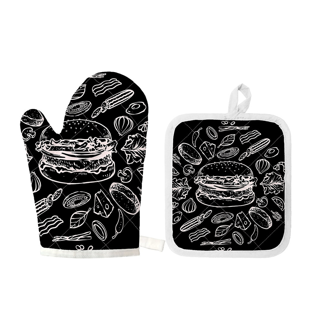 Black And White Hamburger Print Oven Mitt And Pot Holder Set