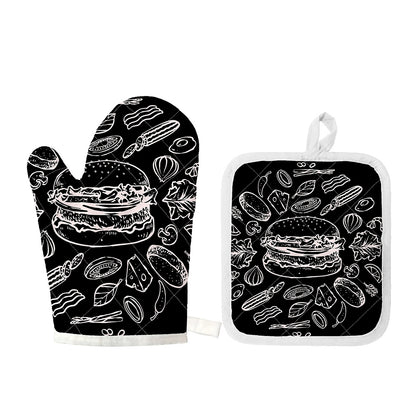 Black And White Hamburger Print Oven Mitt And Pot Holder Set