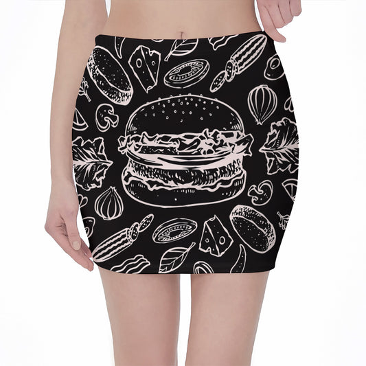 Black And White Hamburger Print Pencil Mini Skirt