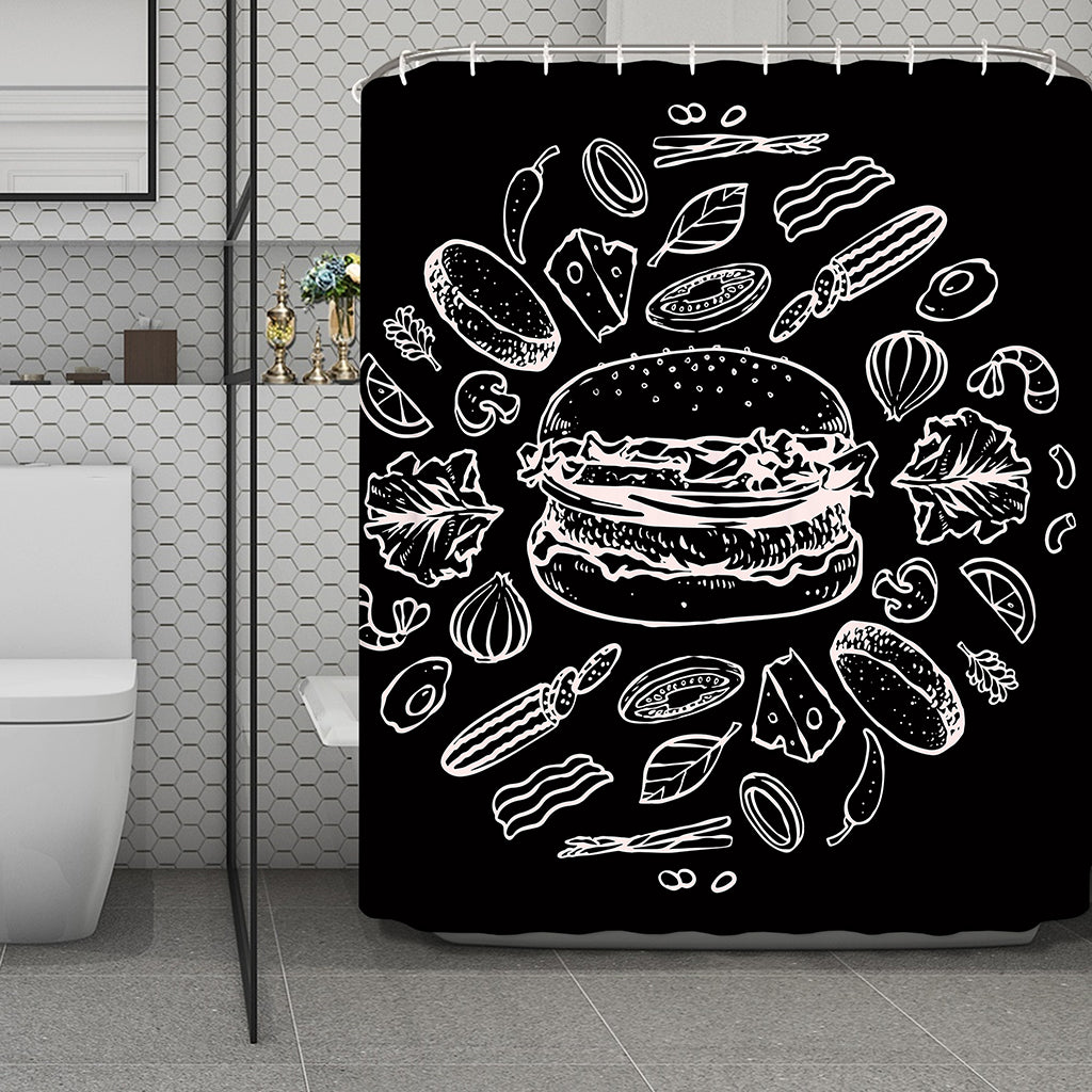 Black And White Hamburger Print Polyester Shower Curtain