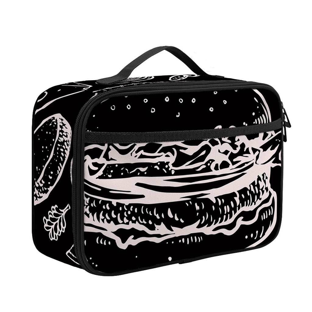 Black And White Hamburger Print Portable Lunch Bag