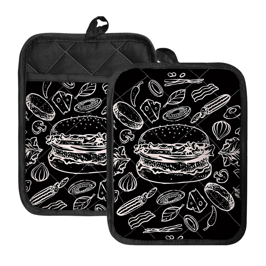 Black And White Hamburger Print Pot Holders With Pocket