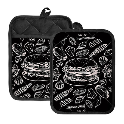 Black And White Hamburger Print Pot Holders With Pocket
