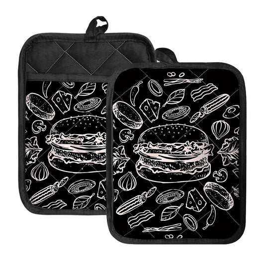 Black And White Hamburger Print Pot Holders With Pocket