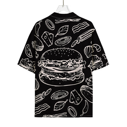 Black And White Hamburger Print Rayon Hawaiian Shirt