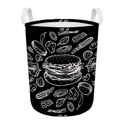 Black And White Hamburger Print Round Laundry Basket