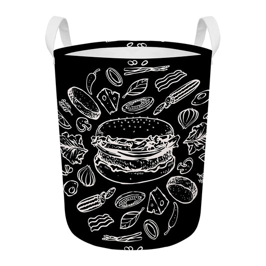 Black And White Hamburger Print Round Laundry Basket