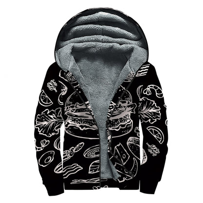 Black And White Hamburger Print Sherpa Lined Zip Up Hoodie