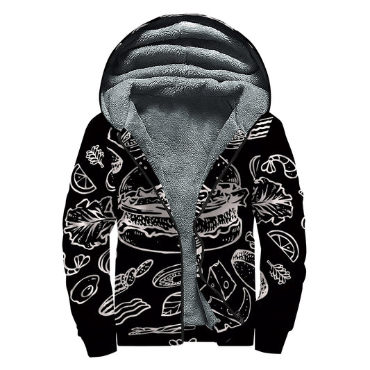 Black And White Hamburger Print Sherpa Lined Zip Up Hoodie