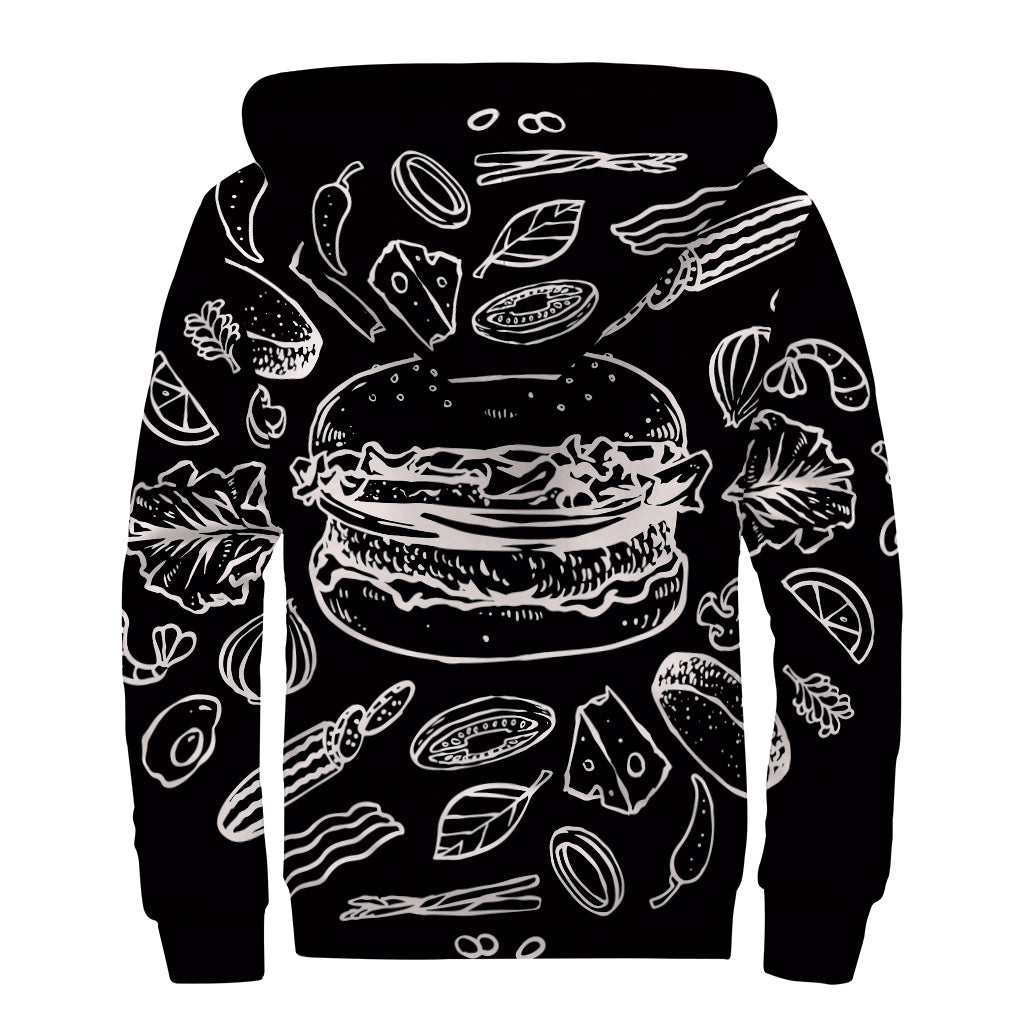 Black And White Hamburger Print Sherpa Lined Zip Up Hoodie