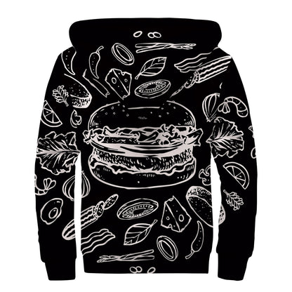 Black And White Hamburger Print Sherpa Lined Zip Up Hoodie