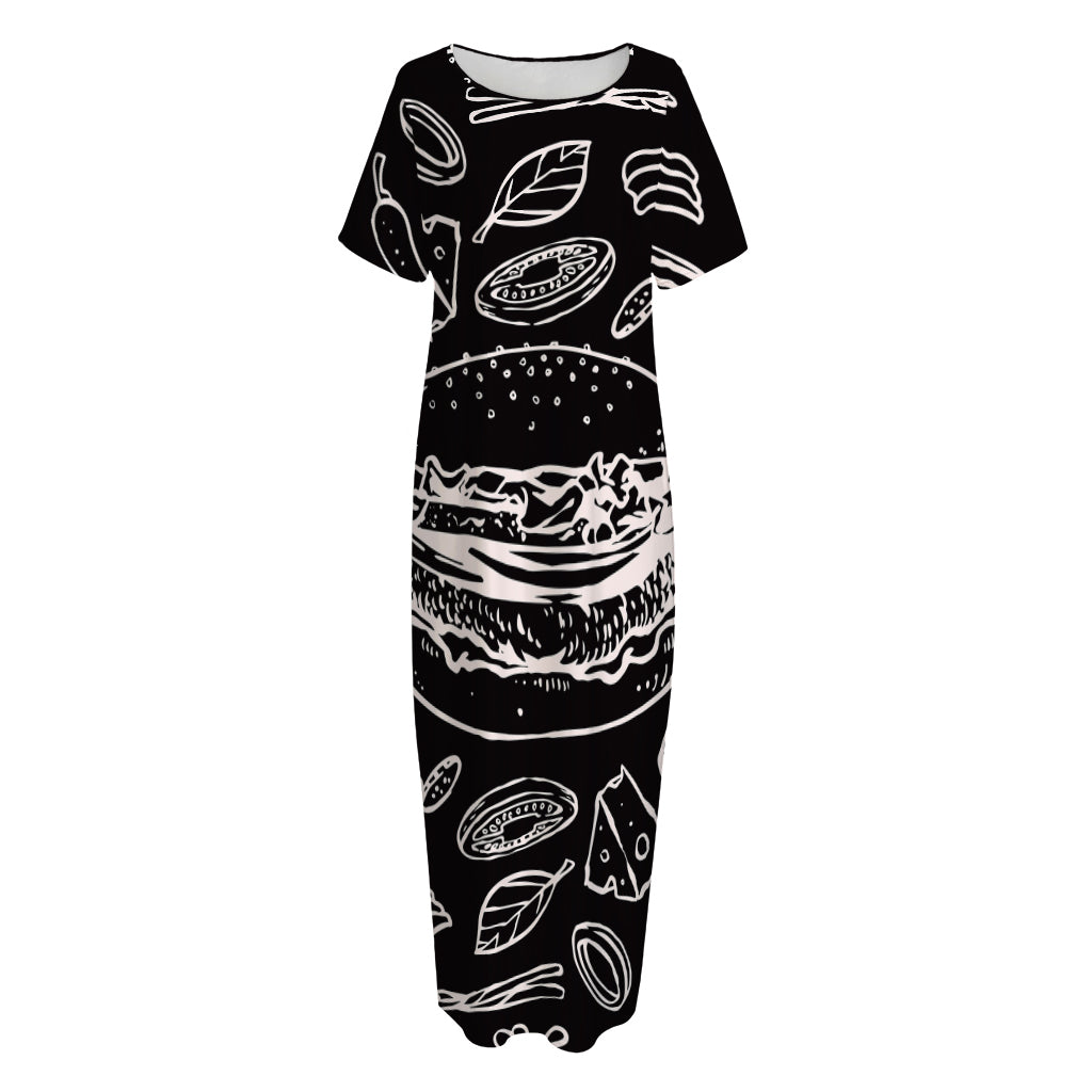 Black And White Hamburger Print Short Sleeve Long Nightdress