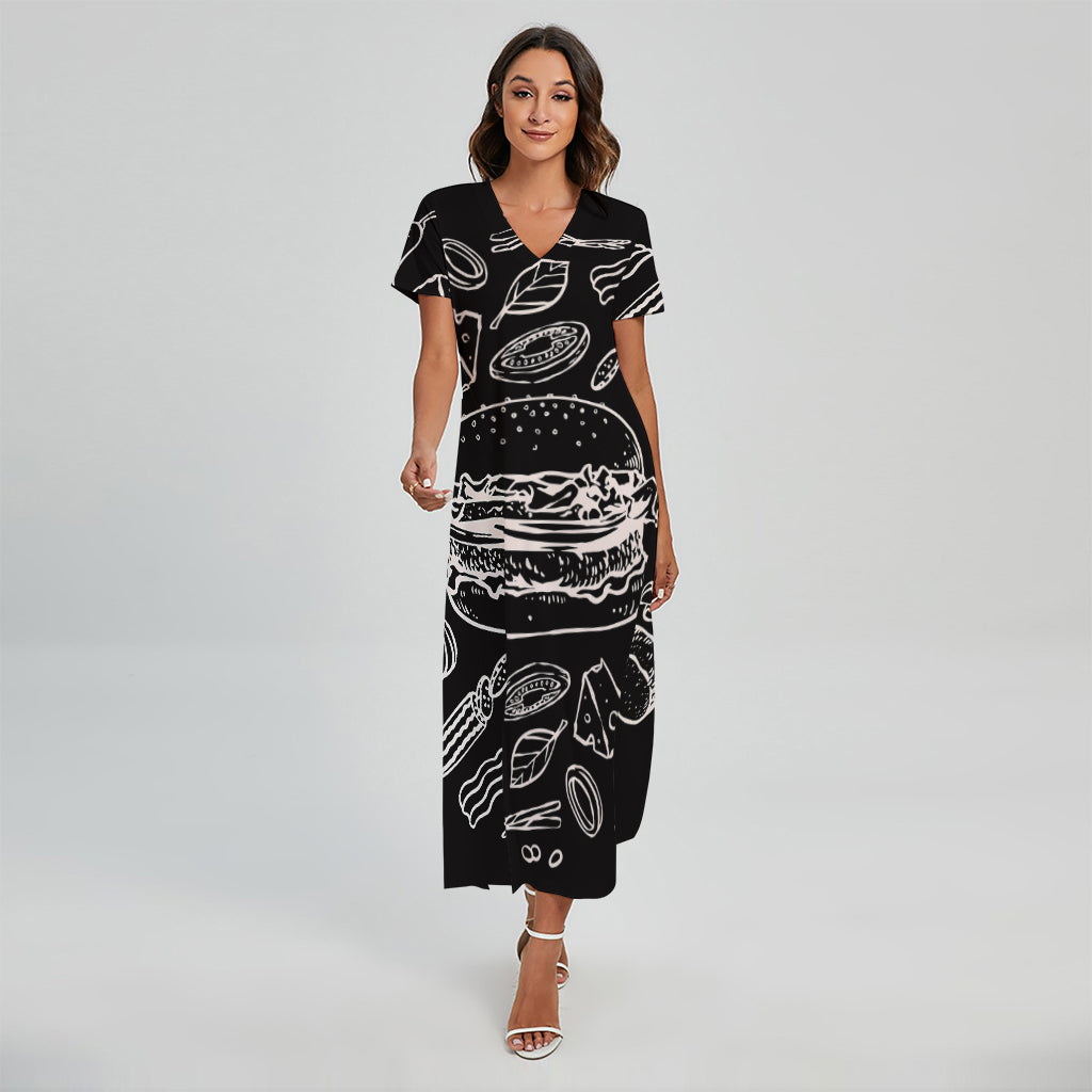 Black And White Hamburger Print Short Sleeve Maxi Dress