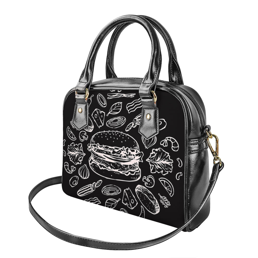Black And White Hamburger Print Shoulder Handbag