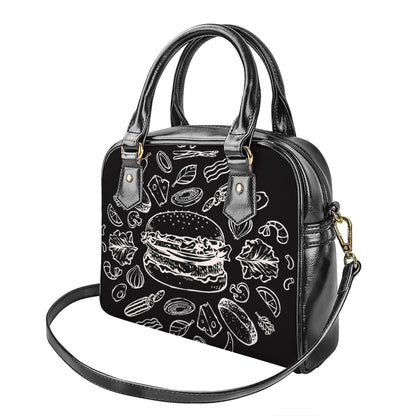 Black And White Hamburger Print Shoulder Handbag