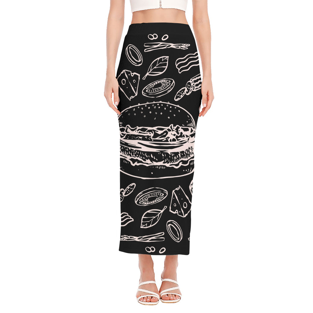 Black And White Hamburger Print Side Slit Maxi Skirt