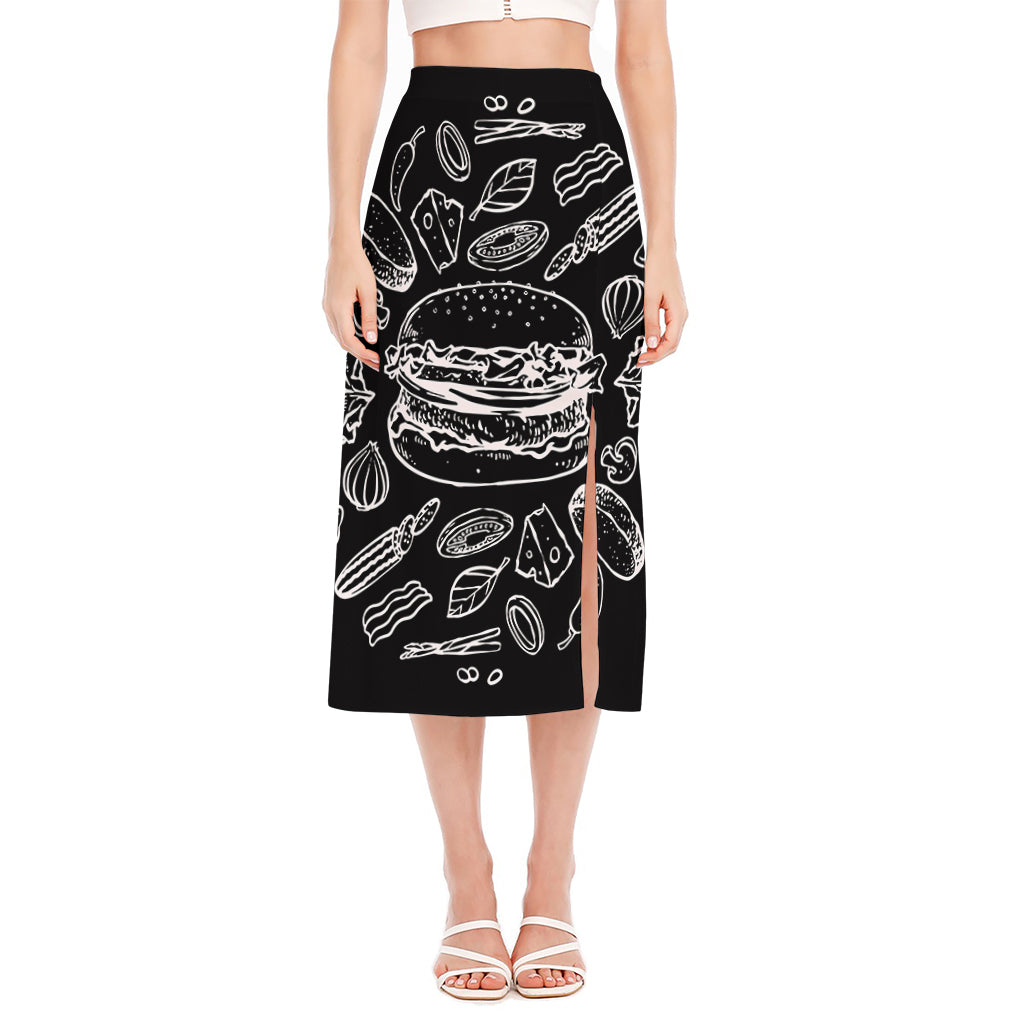 Black And White Hamburger Print Side Slit Midi Skirt