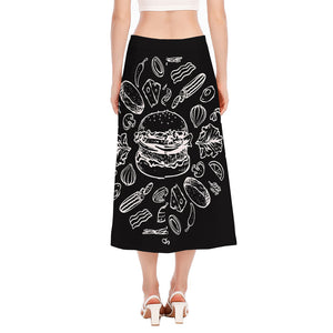 Black And White Hamburger Print Side Slit Midi Skirt