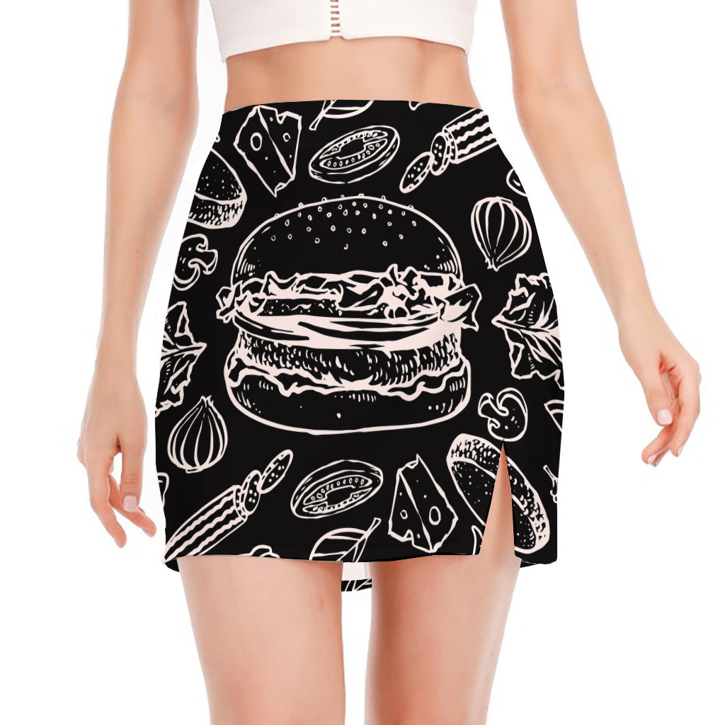 Black And White Hamburger Print Side Slit Mini Skirt