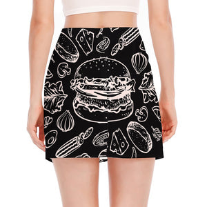 Black And White Hamburger Print Side Slit Mini Skirt