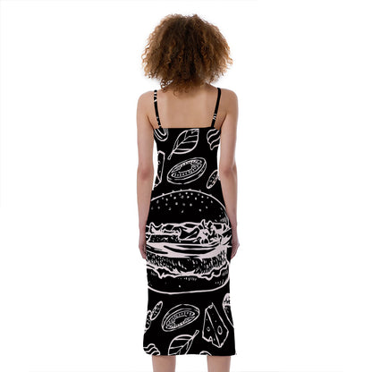 Black And White Hamburger Print Slim Fit Midi Cami Dress