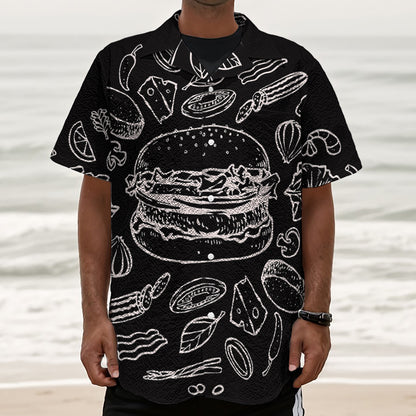 Black And White Hamburger Print Textured Short Sleeve Shirt