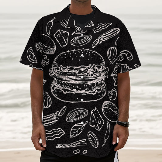 Black And White Hamburger Print Textured Short Sleeve Shirt