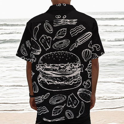 Black And White Hamburger Print Textured Short Sleeve Shirt