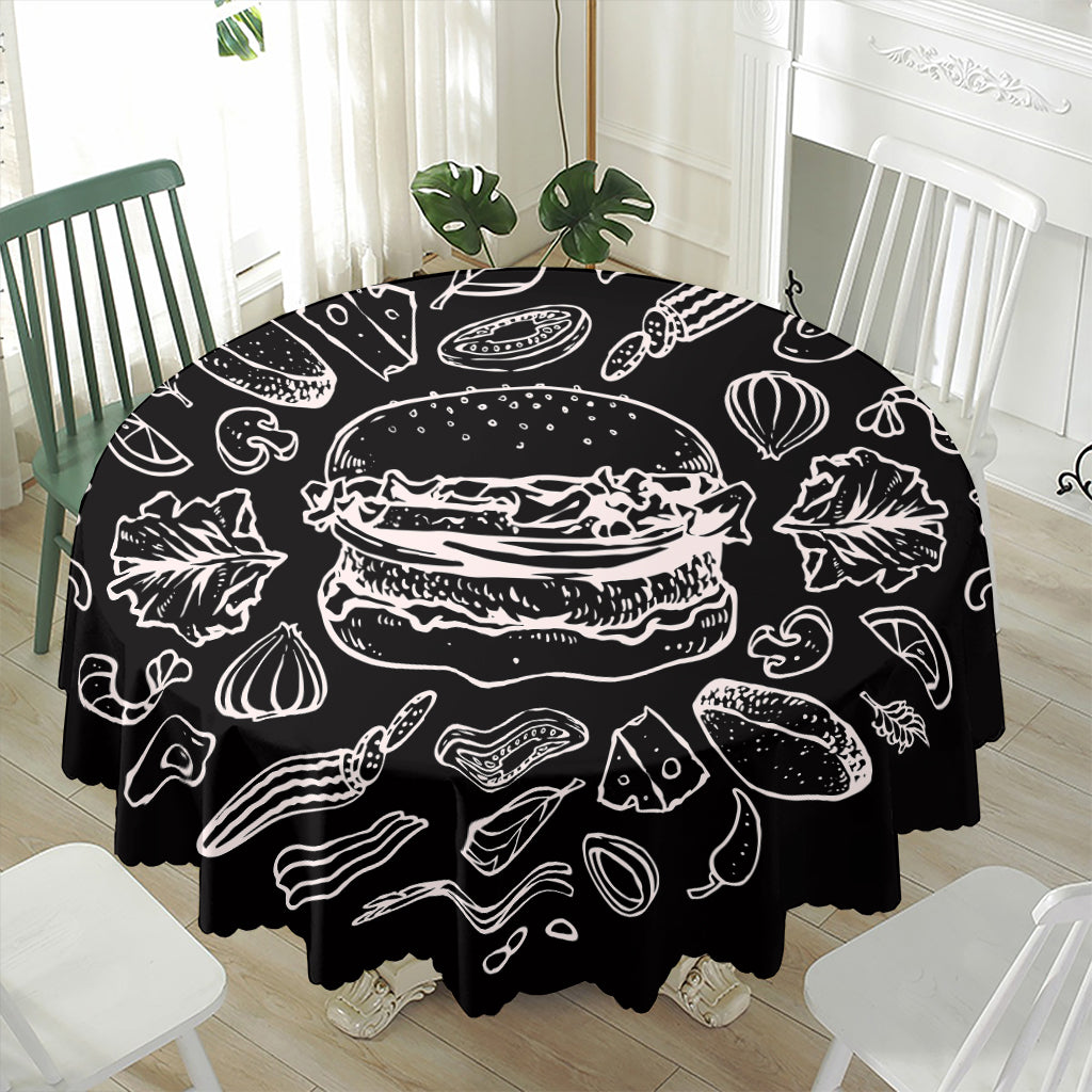 Black And White Hamburger Print Waterproof Round Tablecloth