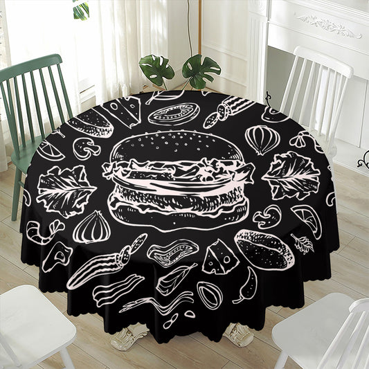 Black And White Hamburger Print Waterproof Round Tablecloth