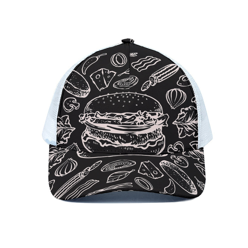 Black And White Hamburger Print White Mesh Trucker Cap