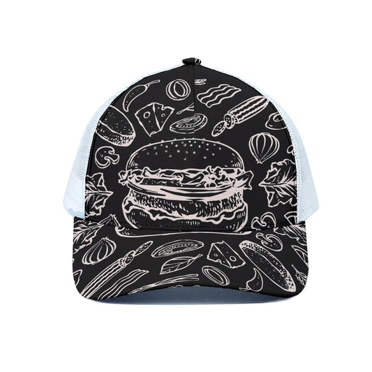 Black And White Hamburger Print White Mesh Trucker Cap