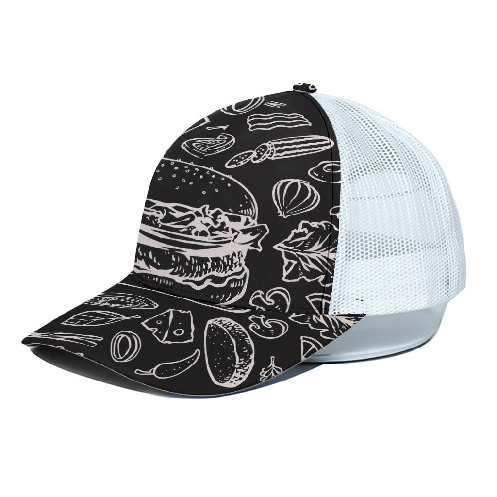 Black And White Hamburger Print White Mesh Trucker Cap