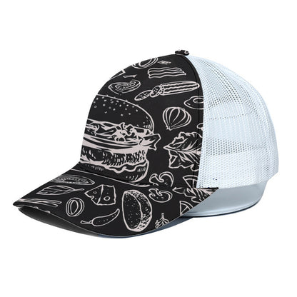 Black And White Hamburger Print White Mesh Trucker Cap