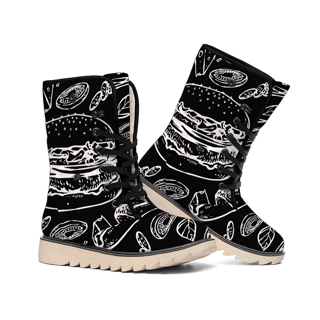 Black And White Hamburger Print Winter Boots