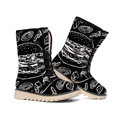 Black And White Hamburger Print Winter Boots