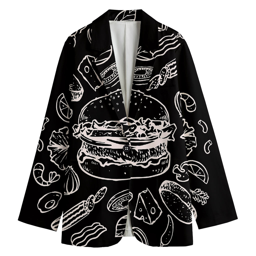 Black And White Hamburger Print Women's Cotton Blazer