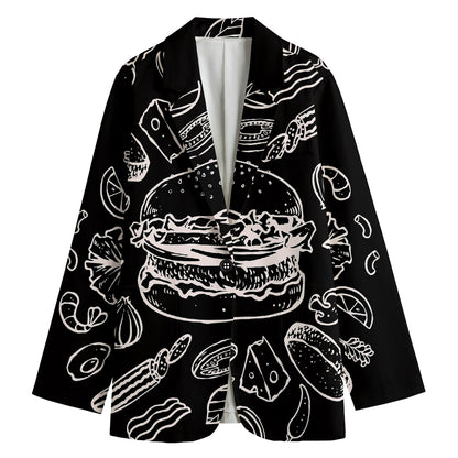 Black And White Hamburger Print Women's Cotton Blazer