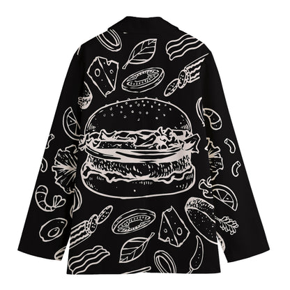 Black And White Hamburger Print Women's Cotton Blazer