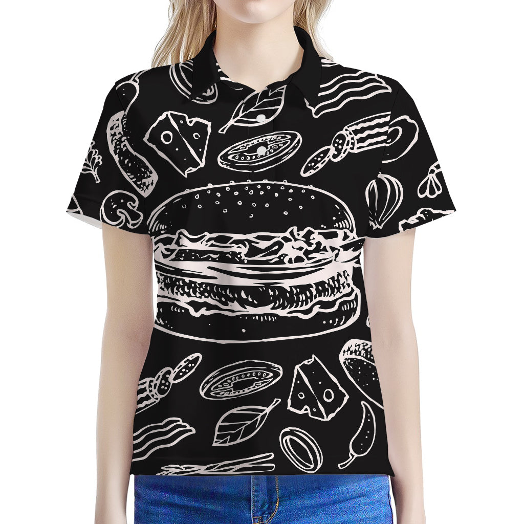 Black And White Hamburger Print Women's Polo Shirt
