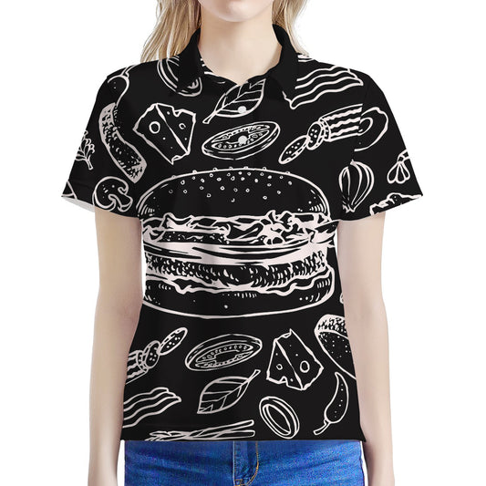 Black And White Hamburger Print Women's Polo Shirt
