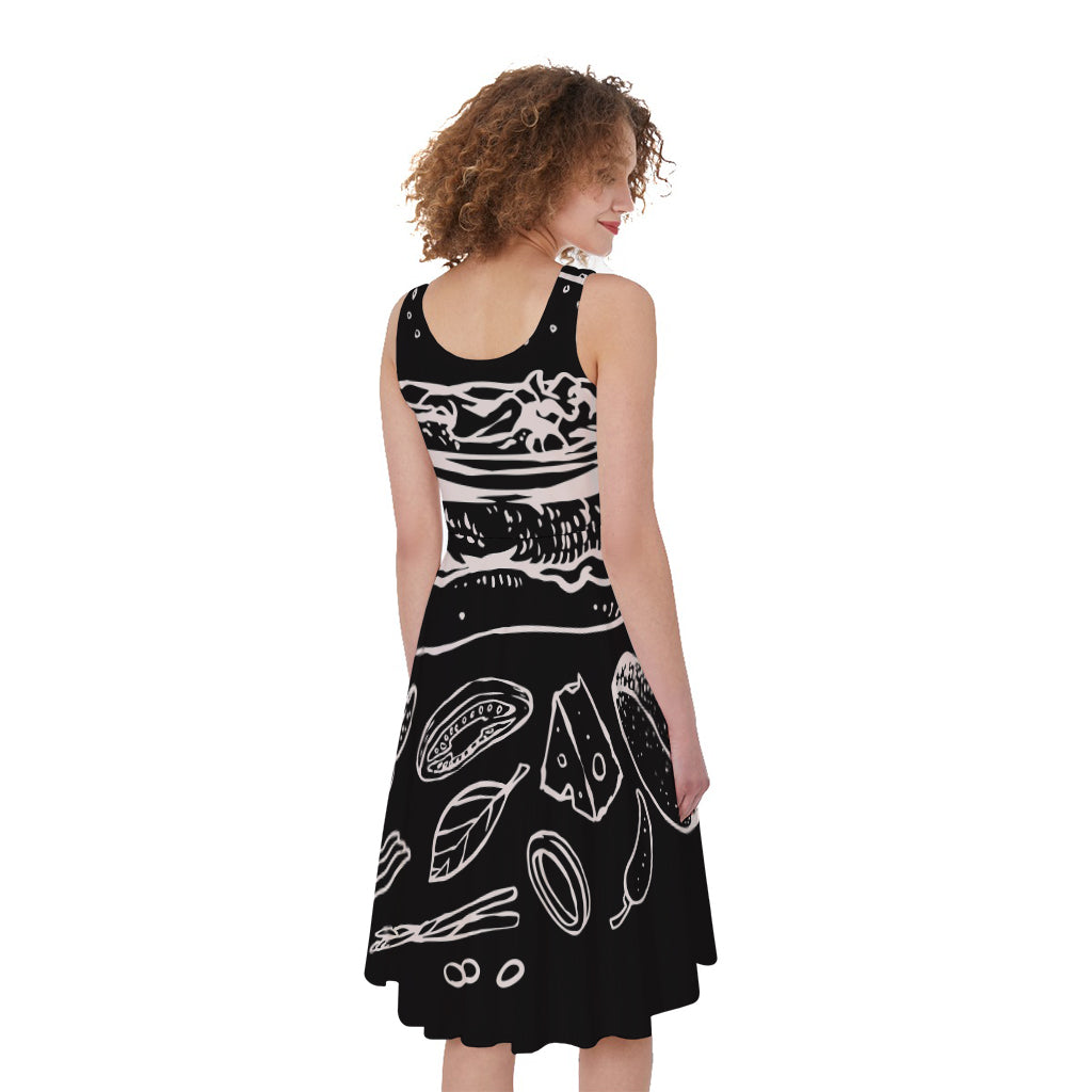 Black And White Hamburger Print Women's Sleeveless Dress