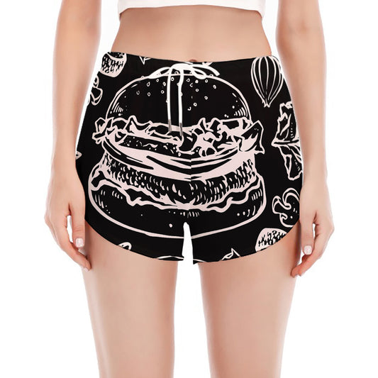 Black And White Hamburger Print Women's Split Running Shorts